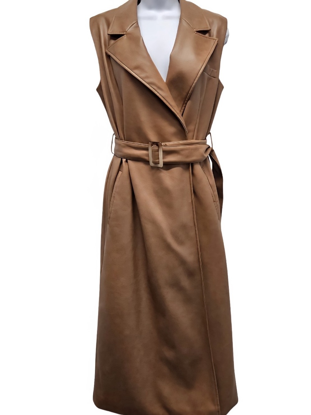 7 For All Mankind Sleeveless Belted Faux Leather Trench Coat/Dress in Brown